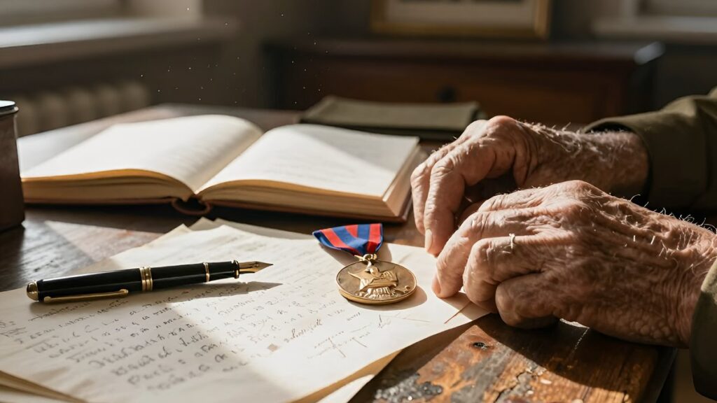 Старые письма и военная медаль на столе для написания биографических некрологов погибших военных героев